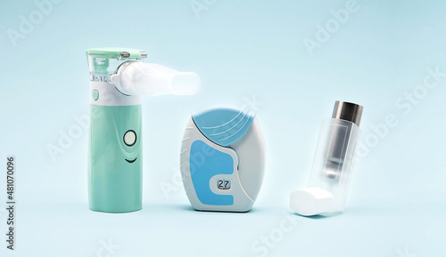 Different asthma inhalers. Aerosol for inhalation, treatment of bronchial asthma, COPD. Pharmaceutical product for treat lung inflammation and prevent asthma attack.