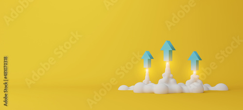 Three arrows soaring on yellow background. Business development to success and growing growth concept. 3d render illustration