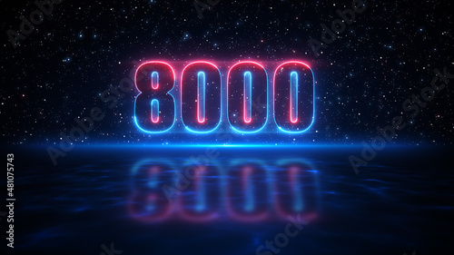 Futuristic Red And Blue Number 8000 Display Neon Sign On Dark Blue Starry Sky Of The Space And Light Reflection On Water Surface