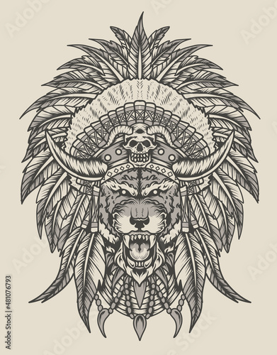 illustration indian apache tiger monochrome style