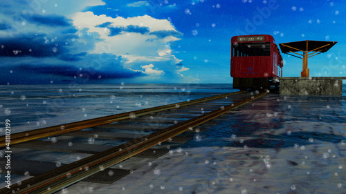 The 3d rendering nice train view with nice background ,with chinese character direct train from Jinlu to Green Island