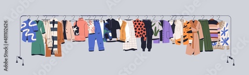 Used clothes on racks, hanging on secondhand store hanger rail. Garments mix on sale. Apparel leftovers assortment in stock shop, charity market. Isolated colored flat vector illustration of wearings