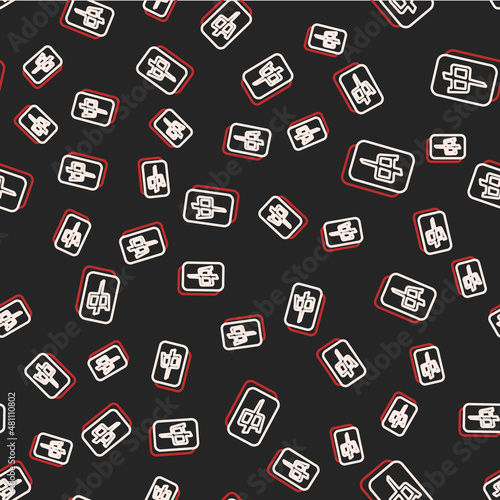 Line Mahjong pieces icon isolated seamless pattern on black background. Chinese mahjong red dragon game emoji. Vector
