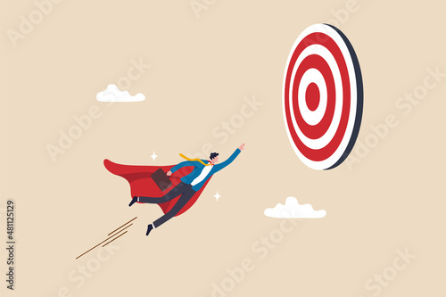 Goal achievement, challenge or mission to win and achieve success target, leadership, motivation and skill to reach work objective concept, businessman superhero flying fast through business target.