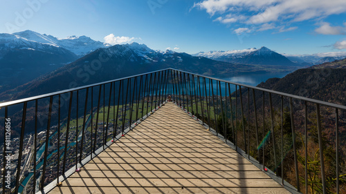Platform and Alps mountains landscape in Interlaken in Switzerland