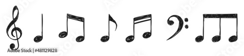 Music notes hand drawn black signs vector set. Isolated hand-drawn music note icons on white background. Music note symbols with treble clef. Vector illustration.