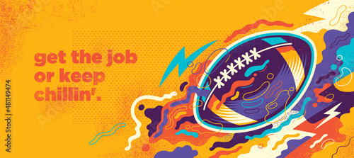 Colorful American football banner design in abstract style with ball and various splashing shapes. Vector illustration.