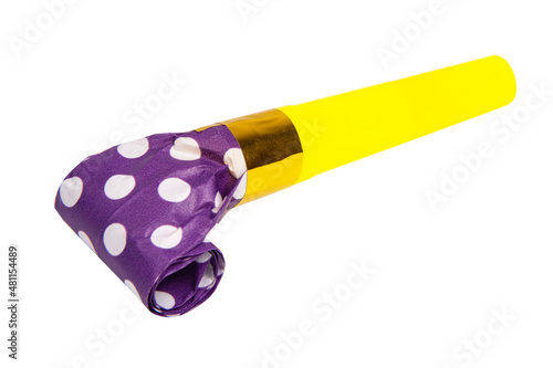 Party blowout noisemaker violet color dots horn isolated on the white background