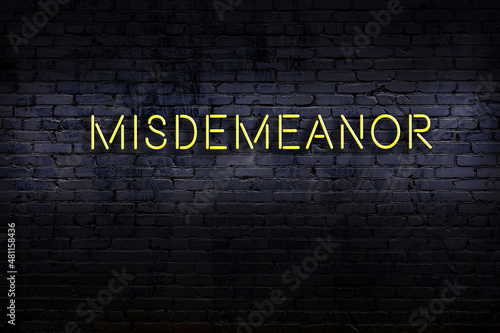 Night view of neon sign on brick wall with inscription misdemeanor