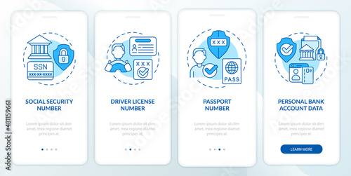 Highly sensitive data blue onboarding mobile app screen. Privacy walkthrough 4 steps graphic instructions pages with linear concepts. UI, UX, GUI template. Myriad Pro-Bold, Regular fonts used