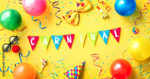 Colorful carnival party background with pennant chain, balloons, streamers, confetti