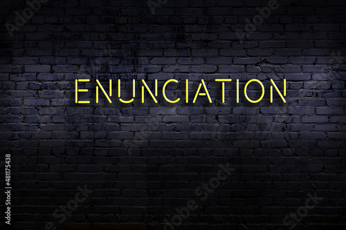 Night view of neon sign on brick wall with inscription enunciation