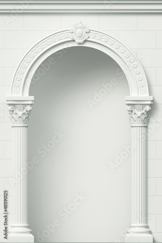 3 d illustration. Antique white colonnade with Corinthian columns. Three arched entrance or niche.