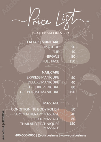 Price list for a beauty salon, massage parlor or nails art. Small business of beauty and beauty treatments in boho style