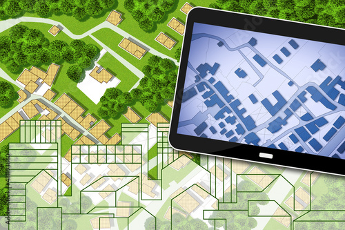 Real Estate concept with an imaginary cadastral map of territory with cityscape, buildings, roads and land parcel