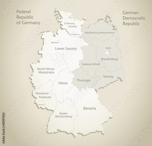 Germany map divided on West and East Germany with regions, and names map, old paper background vector