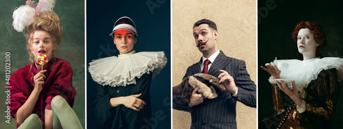 Set of young people in image of historical, medieval persons in vintage clothing on dark background. Concept of comparison of eras, modernity.
