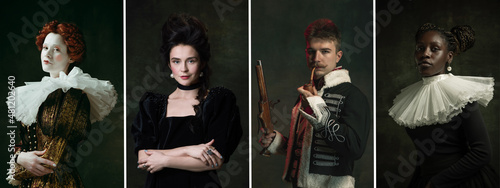 Set of young people in image of historical, medieval persons in vintage clothing on dark background. Concept of comparison of eras, modernity.