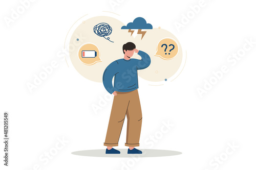 Flat young man with symptoms of depression disorder overhead. Tired exhausted character suffering anxiety, exhaustion, confusion or burnout syndrome. Adult with problems and low level of energy.