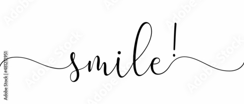 SMILE - Continuous one line calligraphy with Single word quotes. Minimalistic handwriting with white background.