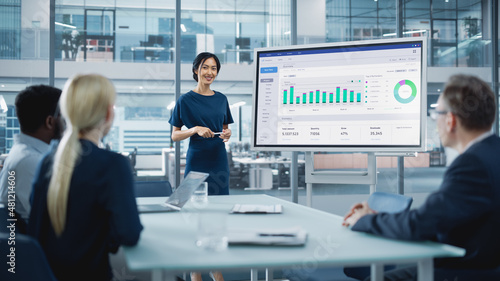 Female Operations Manager Holds Meeting Presentation for a Team of Economists. Asian Woman Uses Digital Whiteboard with Growth Analysis, Charts, Statistics and Data. People Work in Business Office.