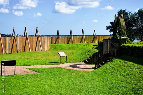 Fort Caroline National Memorial, Florida: Fort de la Caroline reconstruction, an attempted French colonial settlement on St. Johns River. Stockade wall. Timucuan Ecological Historic Preserve.