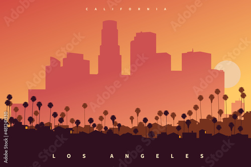 Downtown Los Angeles skyline at sunset, California, USA. A poster style creative vector illustration