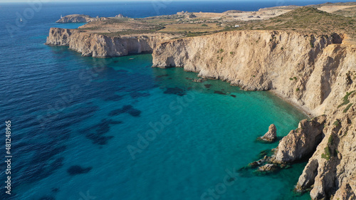 Aerial drone photo of beautiful emerald crystal clear beach and rocky bay of Plathiena, Milos island, Cyclades, Greece