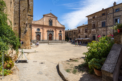 Main square in Civita di Bagnoregio with the Romanesque Church of San Donato, Lazio, Italy