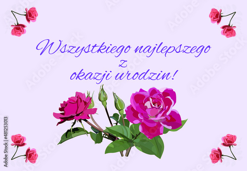 Pocztówka z malowanymi kwiatami Wszystkiego najlepszego z okazji urodzin po polsku.