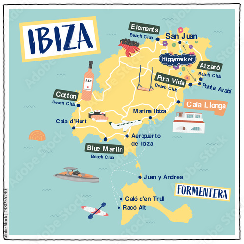 Illustration of the Ibiza map with titles and icons
