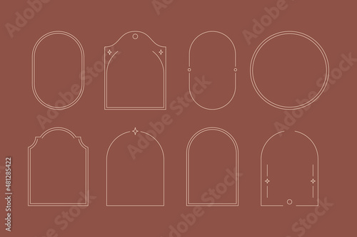 Boho Frame and Arch Set in Trendy Minimal Liner Style. Vector Bohemian Borders for Creating Logo