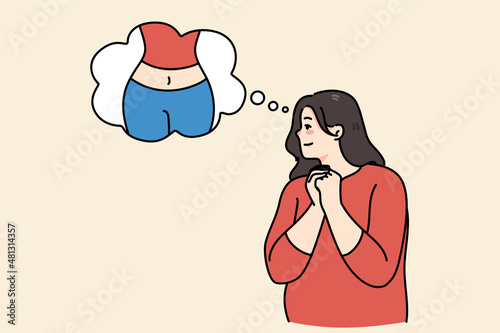 Fat woman with speech bubble with thin body picture in dream of toned slim figure. Obese overweight female imagine good shape. Diet and nutrition, obesity problem. Lose weight. Vector illustration. 