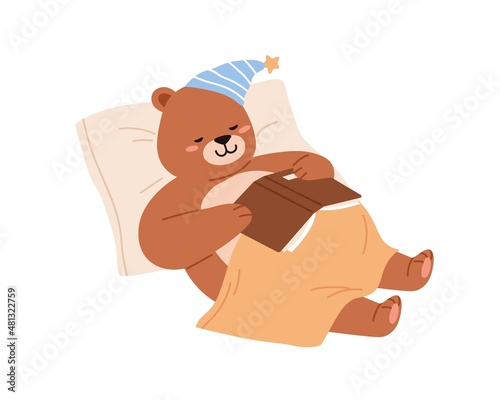 Cute bear sleeping. Funny teddy falling asleep, lying on pillow. Sweet baby animal in night cap napping with book. Sleepy child character. Kids flat vector illustration isolated on white background