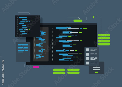 Software development and programming, program code on laptop screen, big data processing, computing isometric