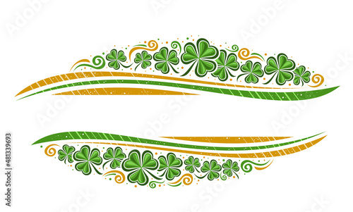 Vector Border for St Patrick's Day with copyspace for text, horizontal template with illustration of shamrock leaves and decorative flourishes, floral concept for st patricks day on white background