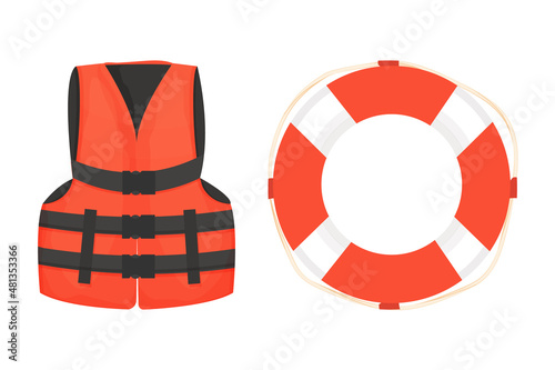 Life jacket and life buoy with rope and belt equipment for safety in cartoon style isolated on white background. 
