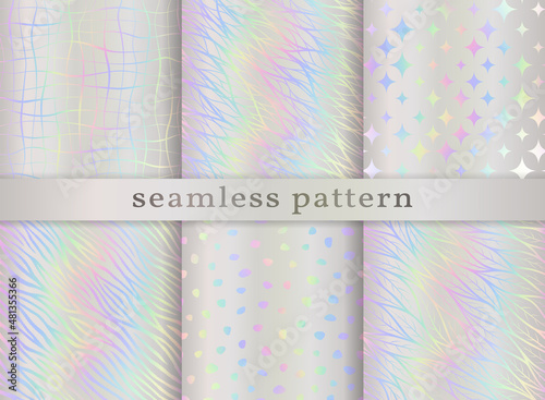 Holographic seamless pattern. Set iridescent background. Repeated rainbow pattern. Hologram texture. Repeating holograph foil printed. Neon printing. Pearlescent design for prints. Vector illustration