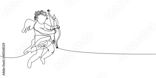 Cupid with bow continuous line drawing. One line art of love, relationship, lovers, wings, fly, feelings, angel, cupid, protector of lovers, symbolism, valentine.