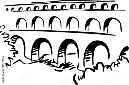 The aqueduct has three levels and many tunnels and is surrounded by bushes