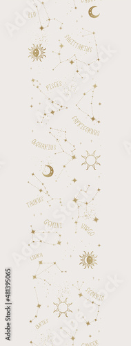 Trendy astrology seamless pattern, zodiac background hand drawn, stars, moon, space, great for textiles, wallpapers, surfaces - vector design