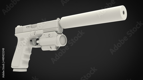 White modern handgun with silencer and laser sight attachment