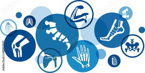 orthopedics vector illustration. Concept with connected icons related to orthopaedic surgery, arthritis, skeletal and bone medical treatment or physical therapy.