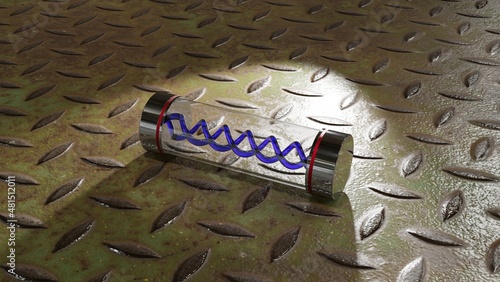 チェッカープレートの上に置かれた螺旋状の薬品容器のイメージ（青色）