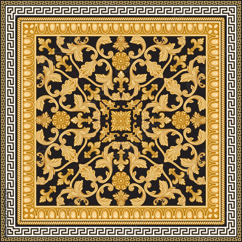 Baroque scrolls rosette, golden Greek key pattern, meander border frieze, carved frame on a black background. Scarf, bandana print, neckerchief, pocket handkerchief, carpet 