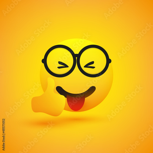 Smiling Cheering Amused Shiny Happy Young Male Emoji with Stuck Out Tongue and Glasses Showing Thumbs Up - Simple Emoticon on Yellow Background - Vector Design