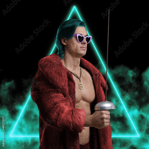 Muscular guy with rapier posing against colorful background
