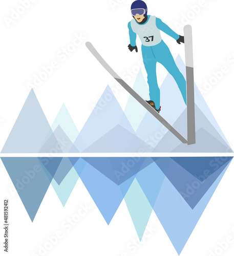 Vector illustration of a ski jumper. Abstract background. Blue flat design.