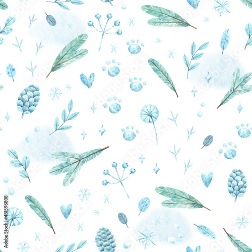 Christmas seamless texture with traditional winter natural elements - fir branches, blue leaves, snowflakes. Watercolor hand-drawn texture for wrapping paper, textile or greeting cards