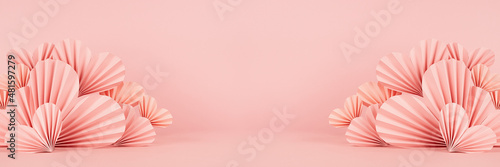 Sweet happiness Valentine day banner with scene mockup - pink origami paper hearts on pastel pink color as frame, copy space. Romantic template for advertising, display, presentation cosmetic, card.